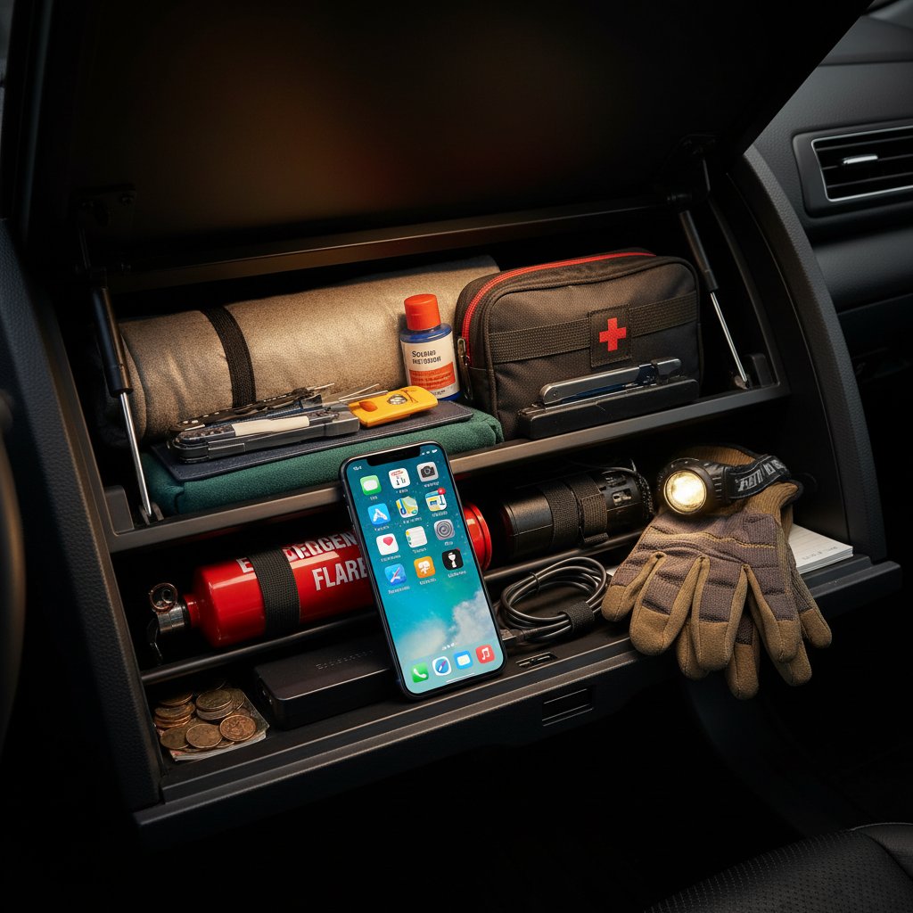 Schowek samochodowy z akcesoriami awaryjnymi i telefonem z aplikacjami