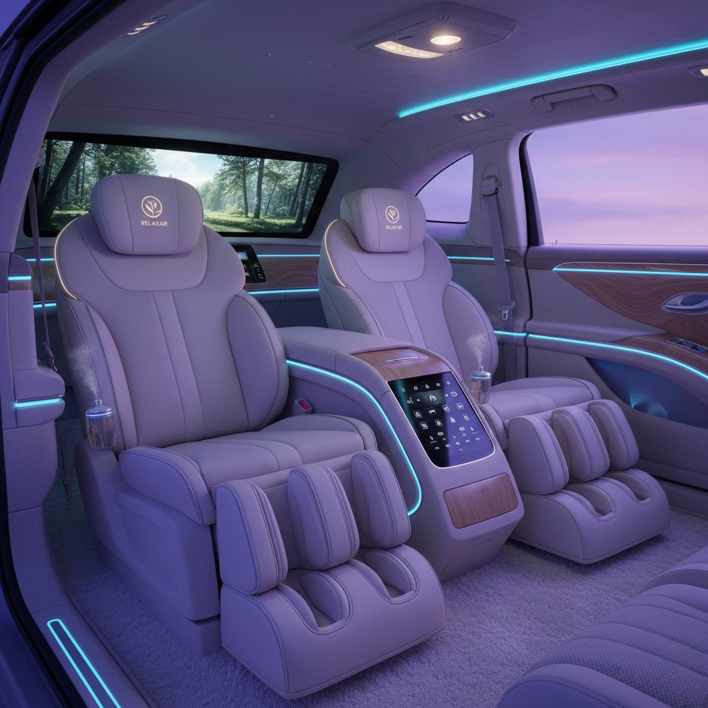 Photo of car interior with ambient wellness lighting and seat branding