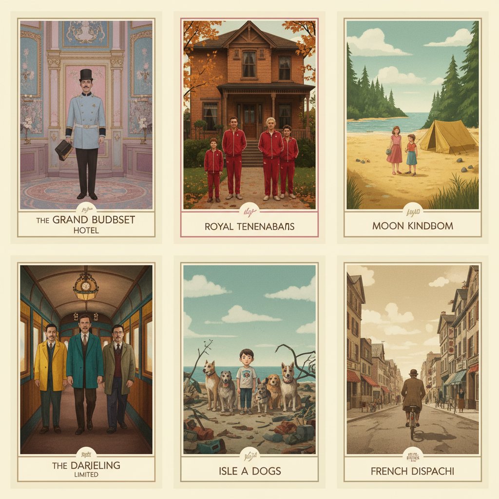 Collage of scenes from five different Wes Anderson movies, each in signature color palette