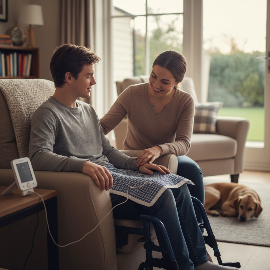 Młoda osoba na wózku inwalidzkim w domowym wnętrzu, obok czujnik nacisku na siedzeniu, partner/partnerka kładzie dłoń na jego ramieniu