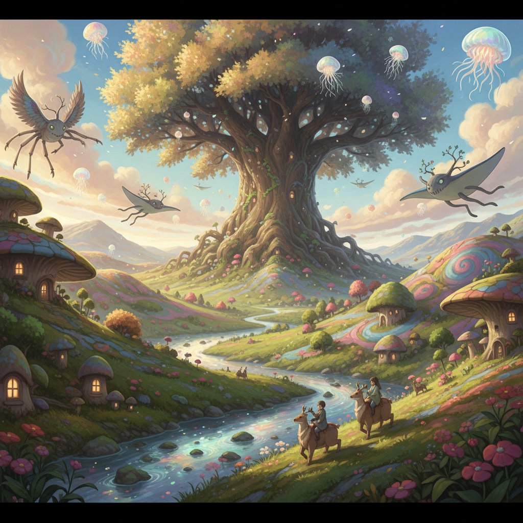 Whimsical anime landscape inspired by Studio Ghibli, lush scenery, fantastical creatures, anime movies