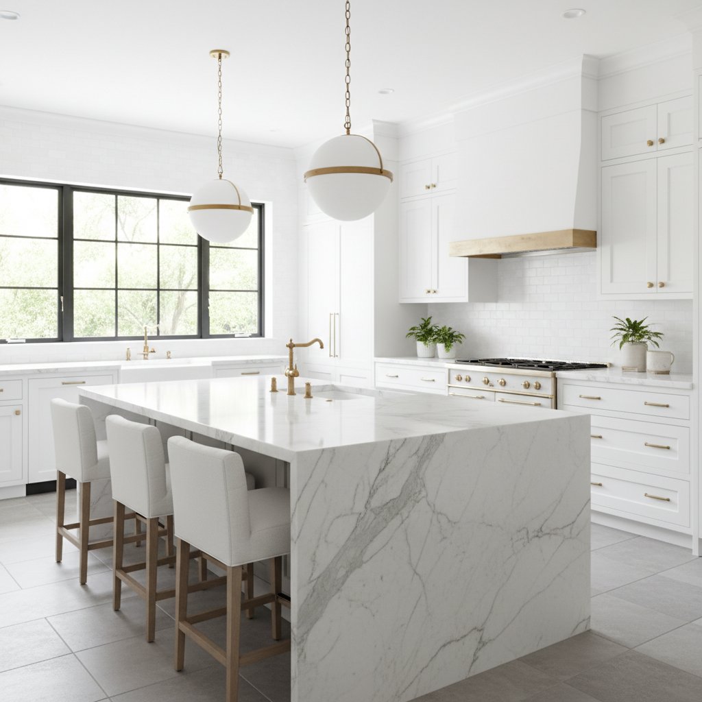 Signature Nancy Meyers kitchen design with expansive white marble island and brass fixtures