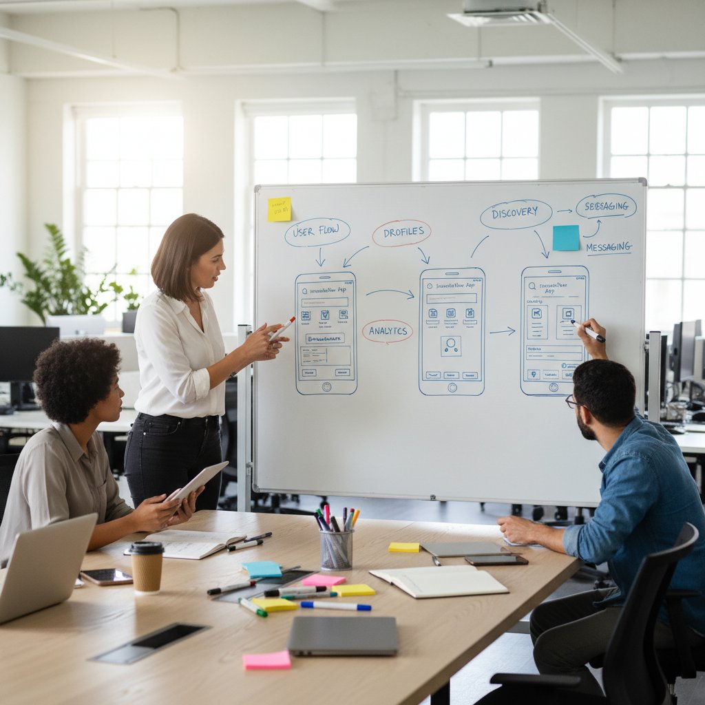 Sesja burzy mózgów przy whiteboardzie, szkice ekranów aplikacji – projektowanie aplikacji mobilnej