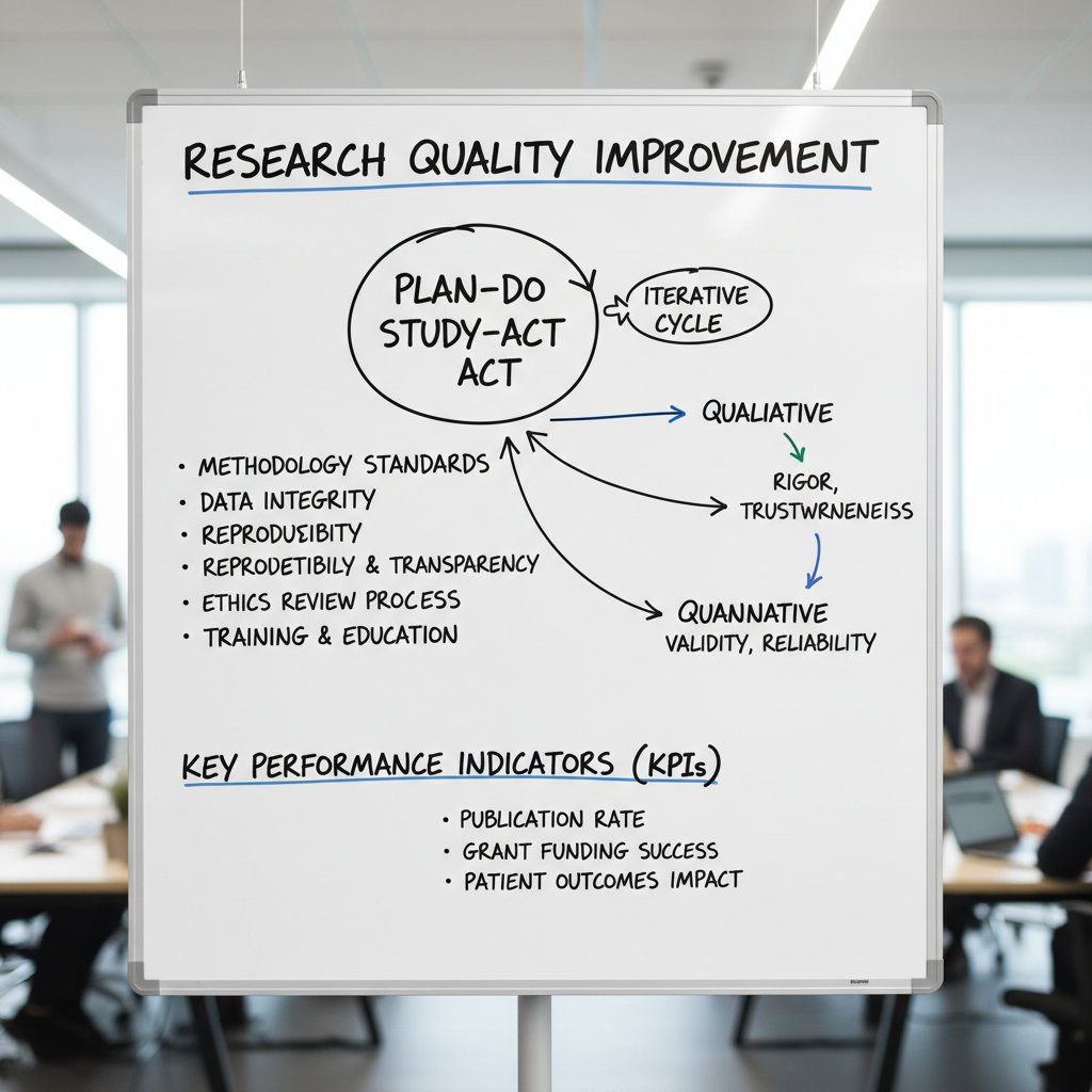 A whiteboard with key improvement terms and diagrams, photographed in a research meeting context