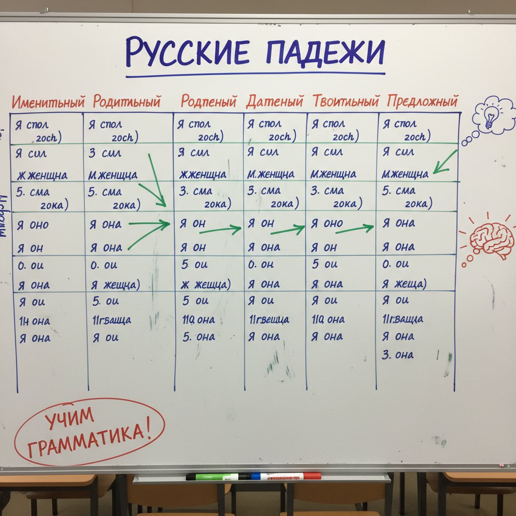 Tablica z wypisanymi przypadkami i rosyjskimi końcówkami, w tle notes ucznia – słowa kluczowe: deklinacja rosyjski, nauka online, przypadki