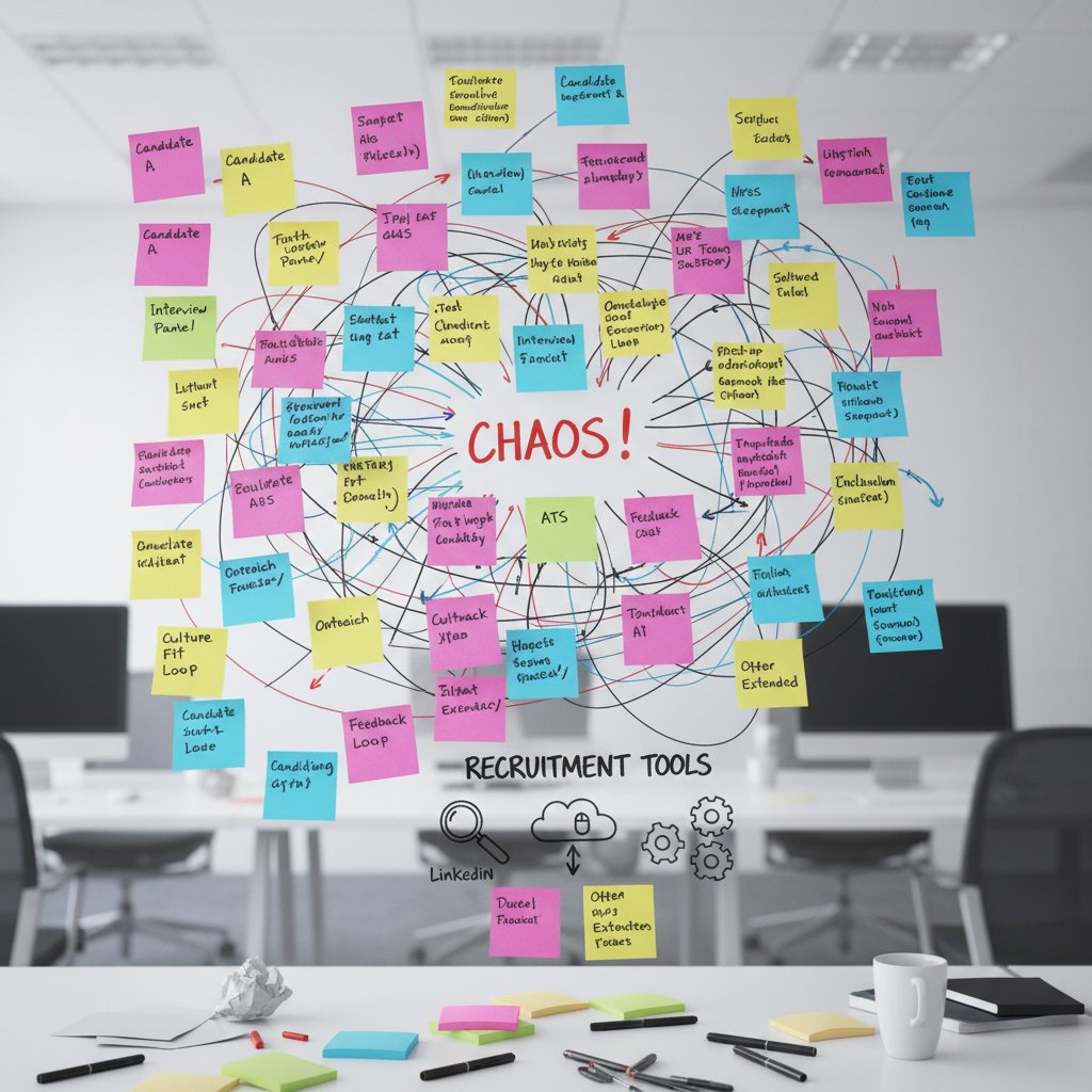 Zdjęcie tablicy z kartkami i markerami, symbolizujące chaos wyboru narzędzi rekrutacyjnych, słowa kluczowe: chaos, rekrutacja, wybór systemu