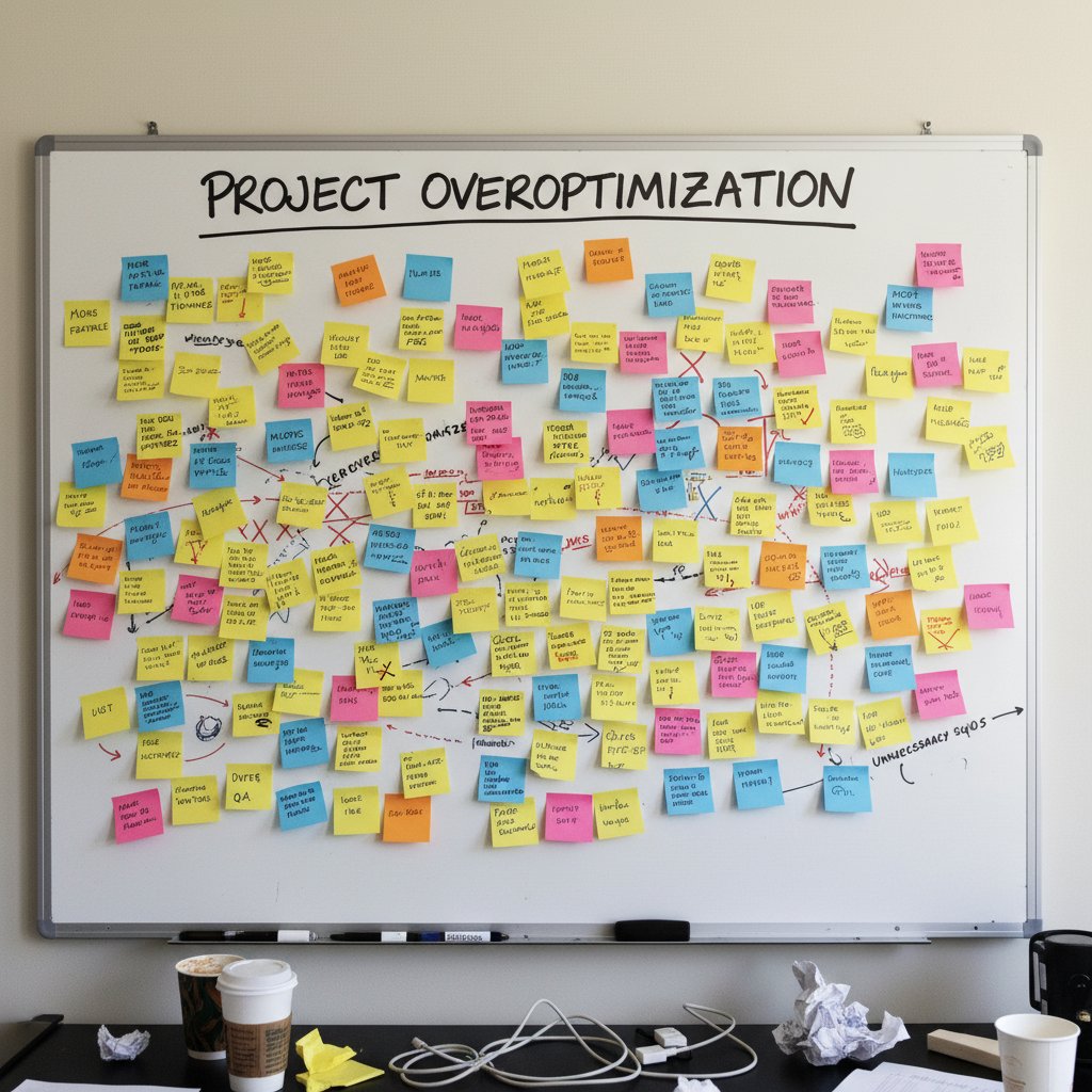 Photo of an overcomplicated whiteboard filled with sticky notes, representing over-optimization confusion