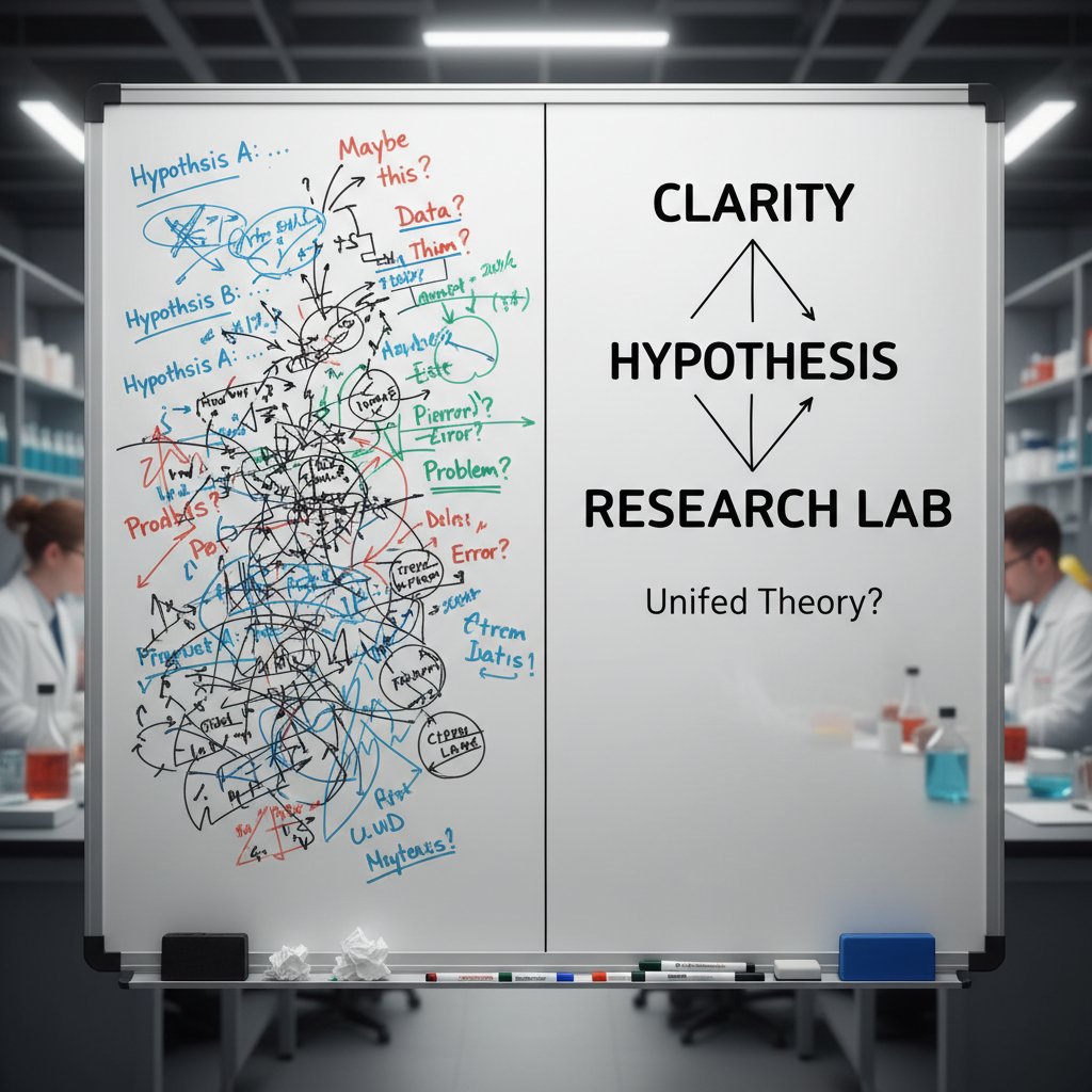 Whiteboard comparing messy and clean hypothesis statements, clarity in hypothesis design for efficient validation