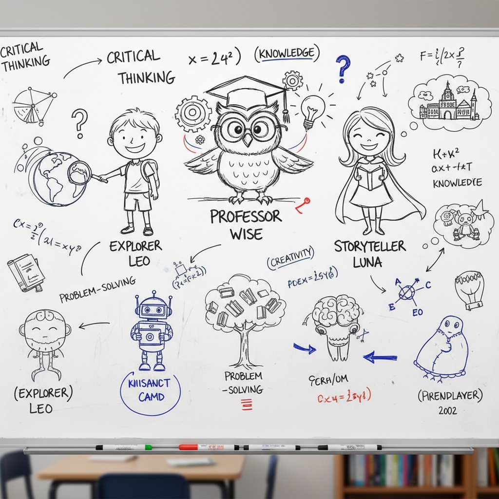 Szkic koncepcyjny bohatera edukacyjnego na tablicy, burza mózgów