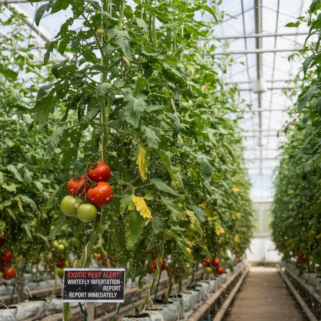 Fotografia egzotycznego szkodnika na liściu pomidora w szklarni
