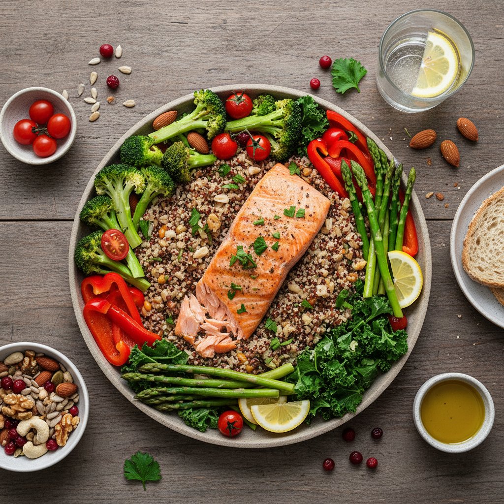 Stół z pełnoziarnistymi produktami, warzywami, rybą i orzechami – dieta Hashimoto w praktyce