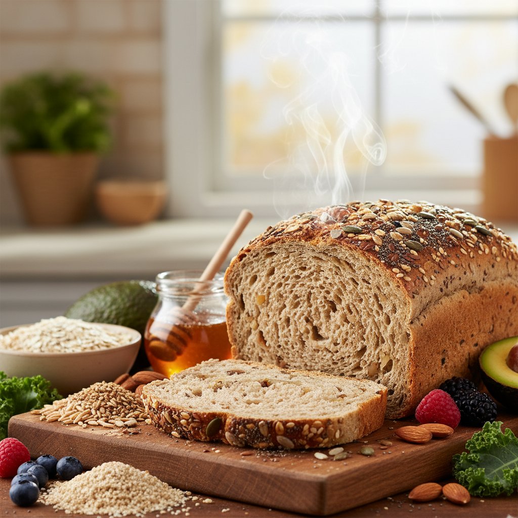 Zdjęcie bochenka chleba pełnoziarnistego na desce, para świeżo upieczonego chleba, zdrowe składniki