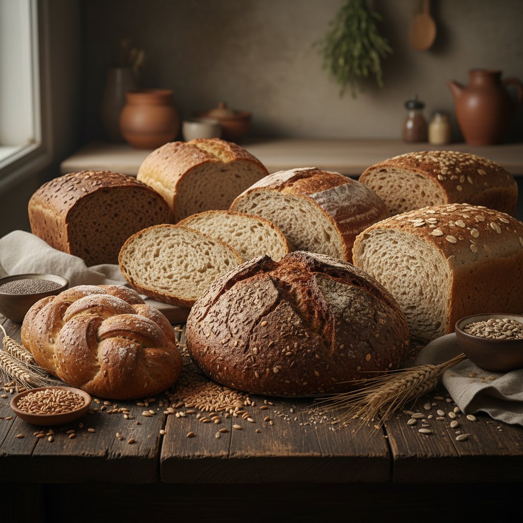Chleb żytni razowy, orkiszowy pełnoziarnisty i graham na desce, top zdrowego pieczywa