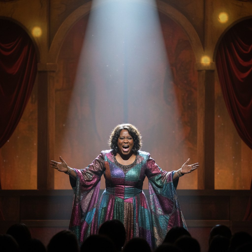 Whoopi Goldberg performing on stage, dramatic spotlight, expressive and raw energy