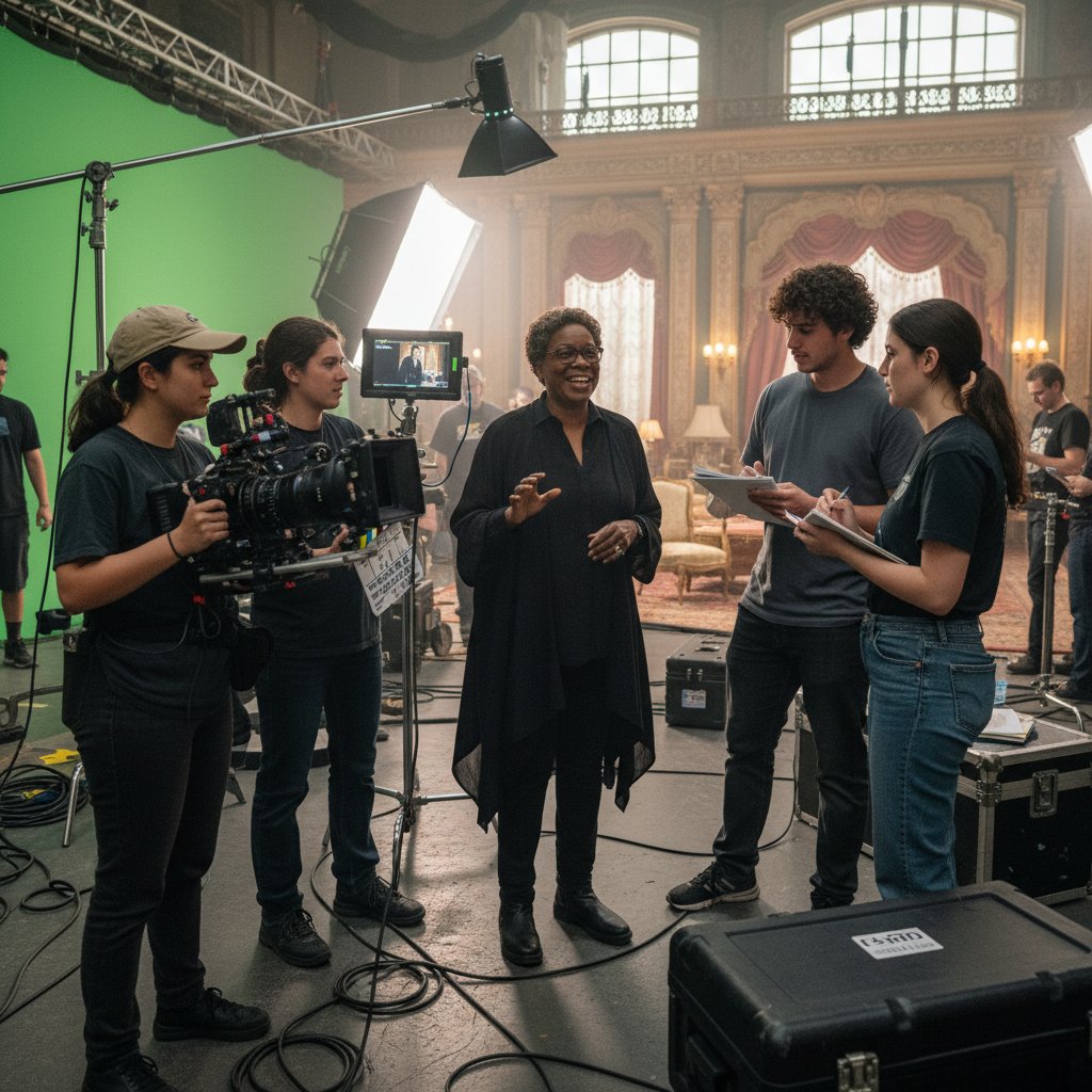 Candid photo of Whoopi Goldberg on a movie set, leading a group of young filmmakers with vibrant energy