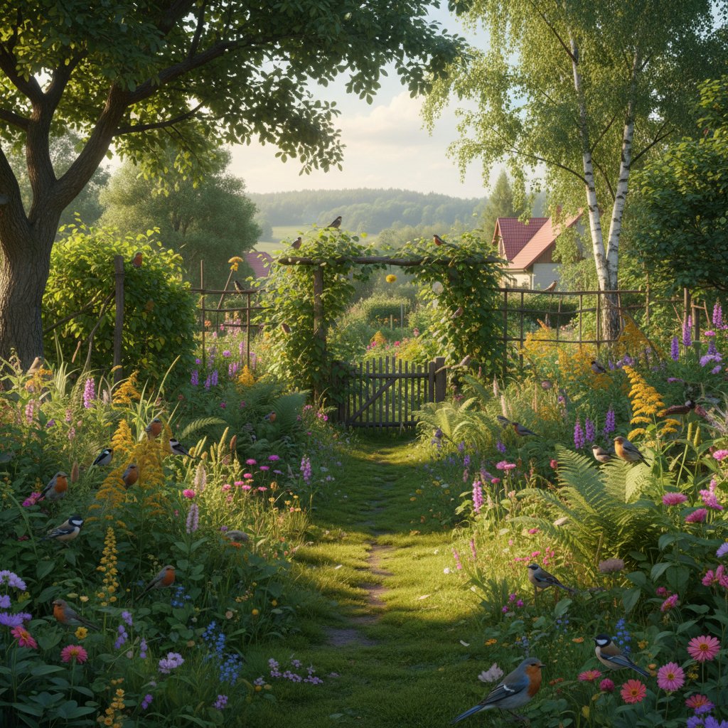 Ogród naturalistyczny po kilku latach, bujna roślinność i dzikie ptaki, Polska