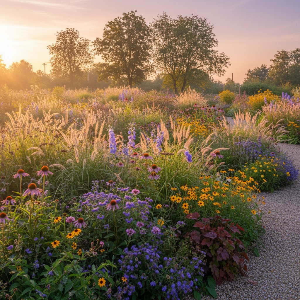 Naturalistyczny ogród z bylinami, trawami i dzikimi drzewami w Polsce, późne popołudnie, złote światło
