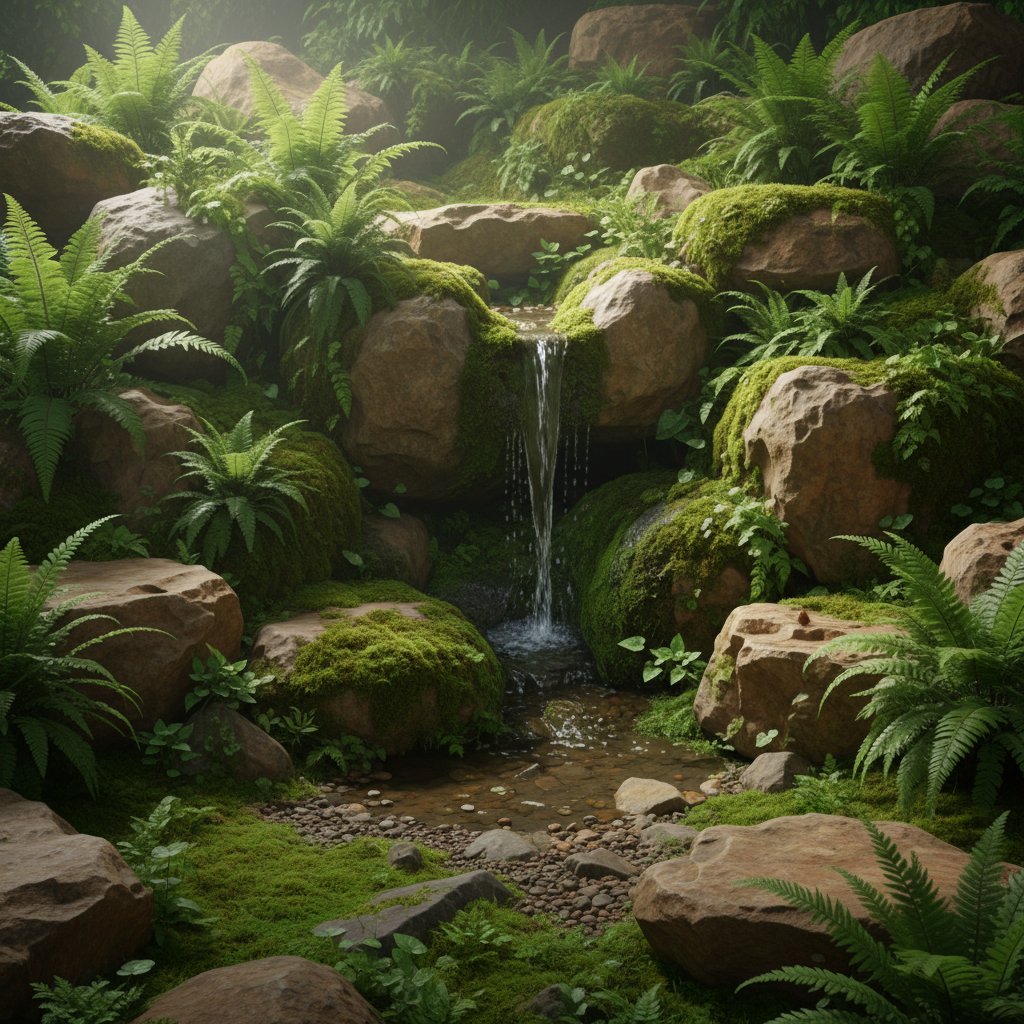 Skalniak w stylu dzikim, paprocie, mchy, naturalne kamienie