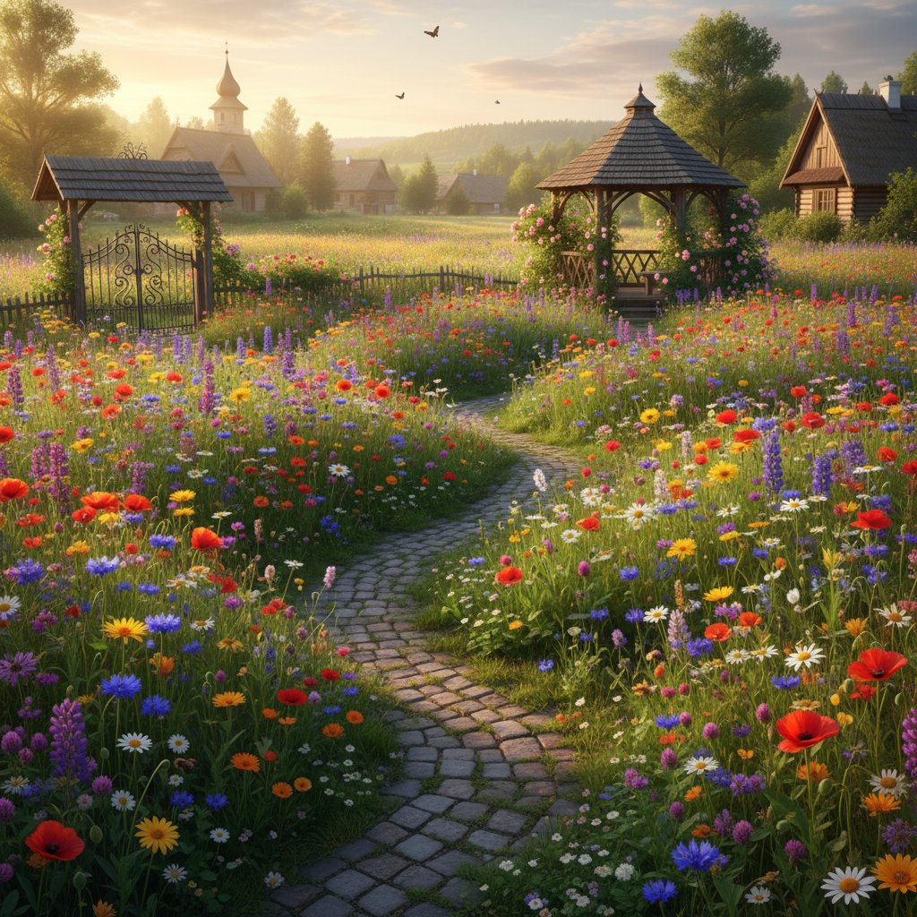 Łąka kwietna w polskim ogrodzie, kolorowe kwiaty, dzika natura, polski krajobraz