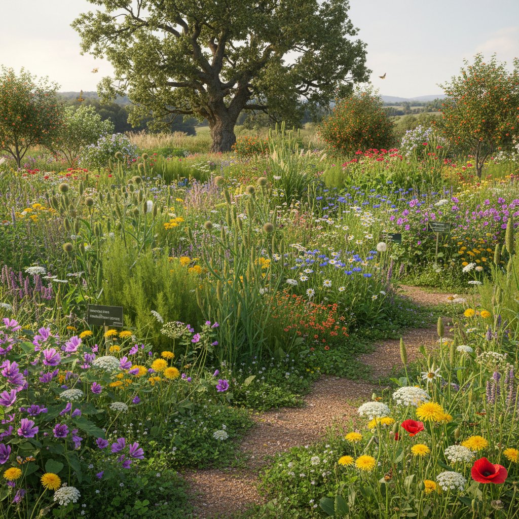 Fragment ogrodu z dzikimi kwiatami i chwastami – bioróżnorodność, naturalny ogród, korzyści ekologiczne