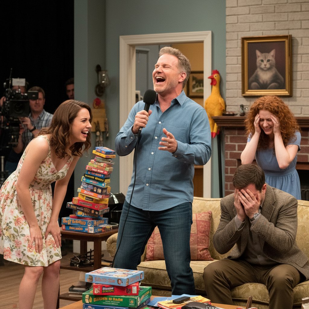 Will Ferrell and co-stars laughing behind the scenes during improv session on movie set