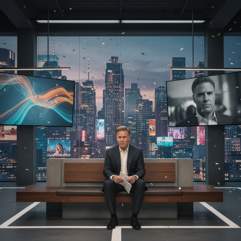 Will Ferrell on set blending comedy and drama, modern set design, contemplative expression