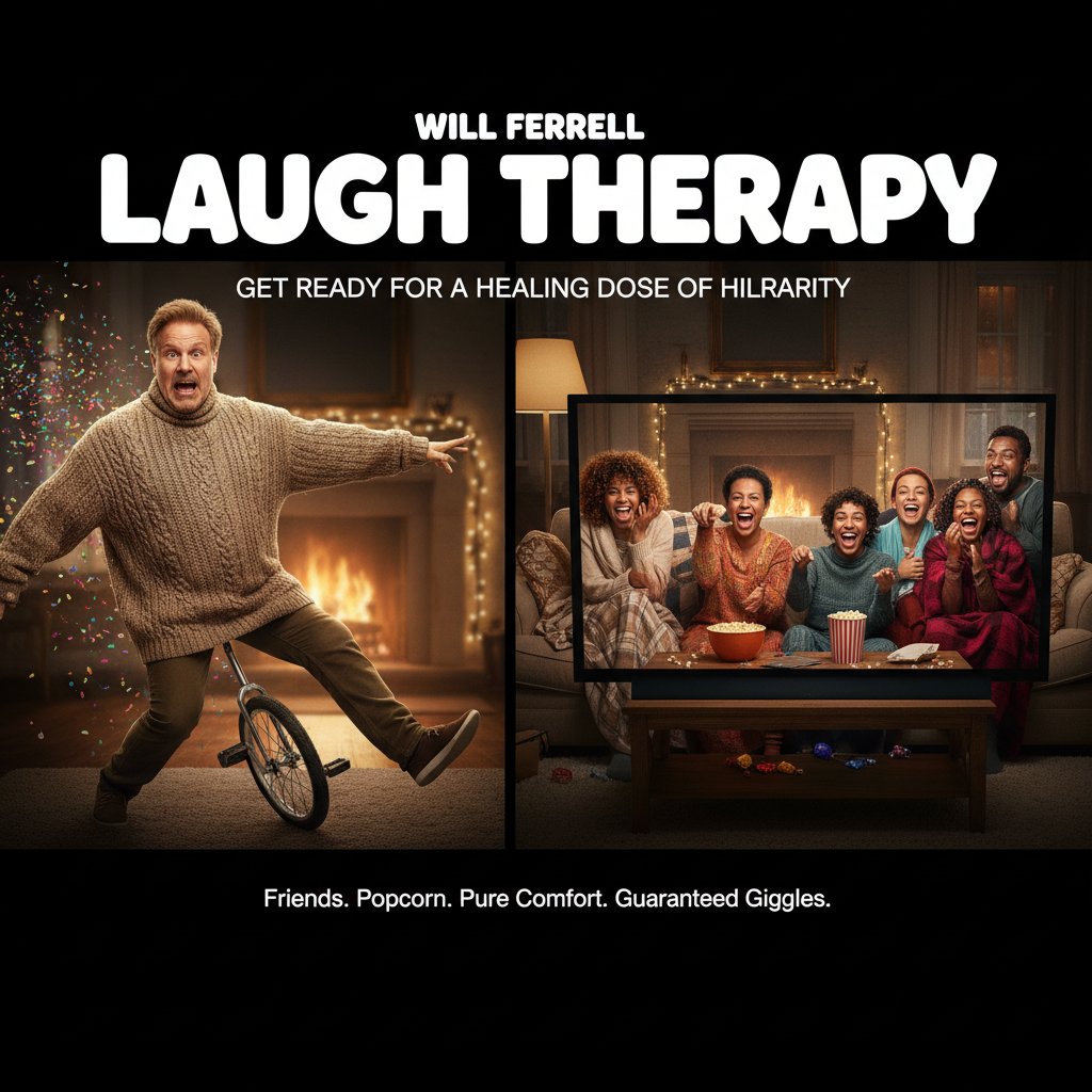 Group of friends watching Will Ferrell movie at home, cozy living room, laughter, comfort vibes