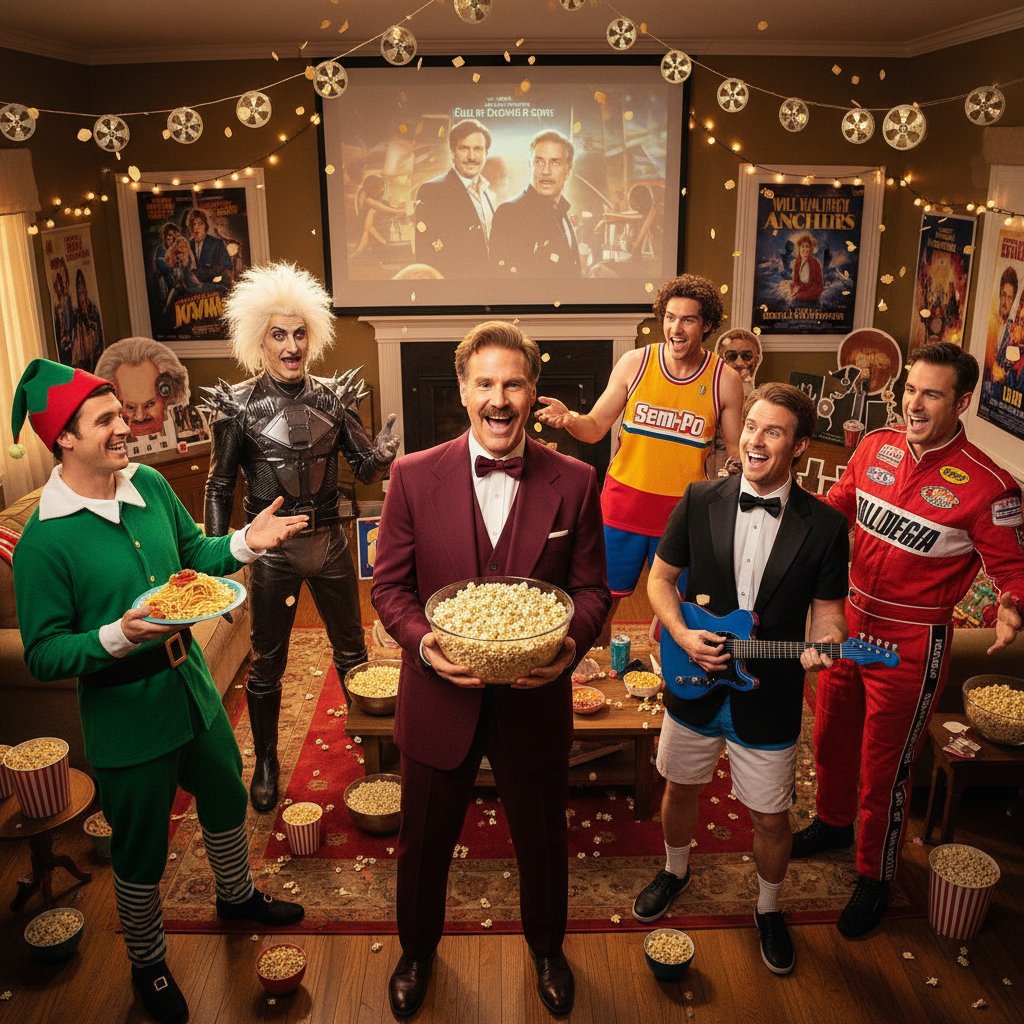 Friends in themed costumes throwing popcorn, party atmosphere, Will Ferrell movie night vibe