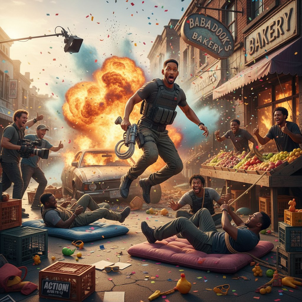 Artistic shot of Will Smith on set in action and comedy roles; Alt: Will Smith switching genres, embodying action and comedy on movie set