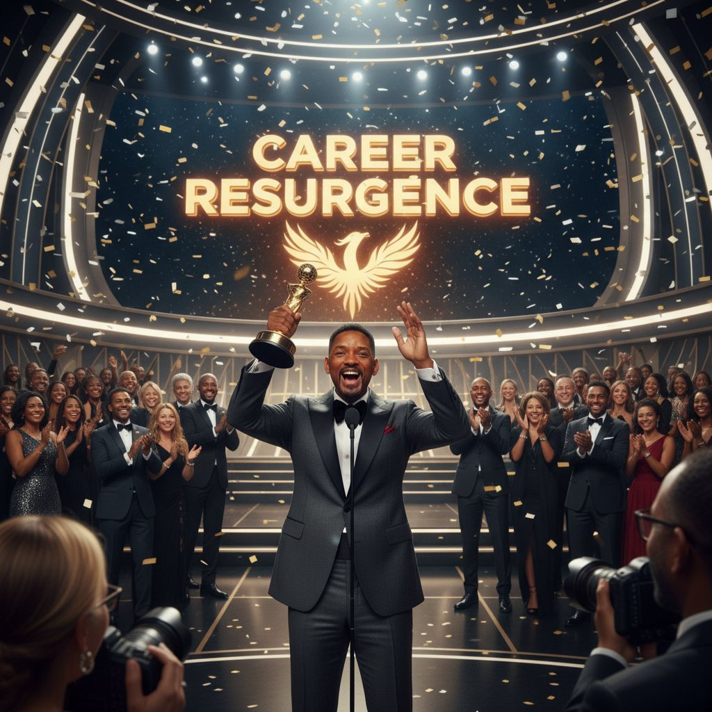 Will Smith at an awards show, signaling a career resurgence; Alt: Will Smith triumphant at major awards event with renewed acclaim