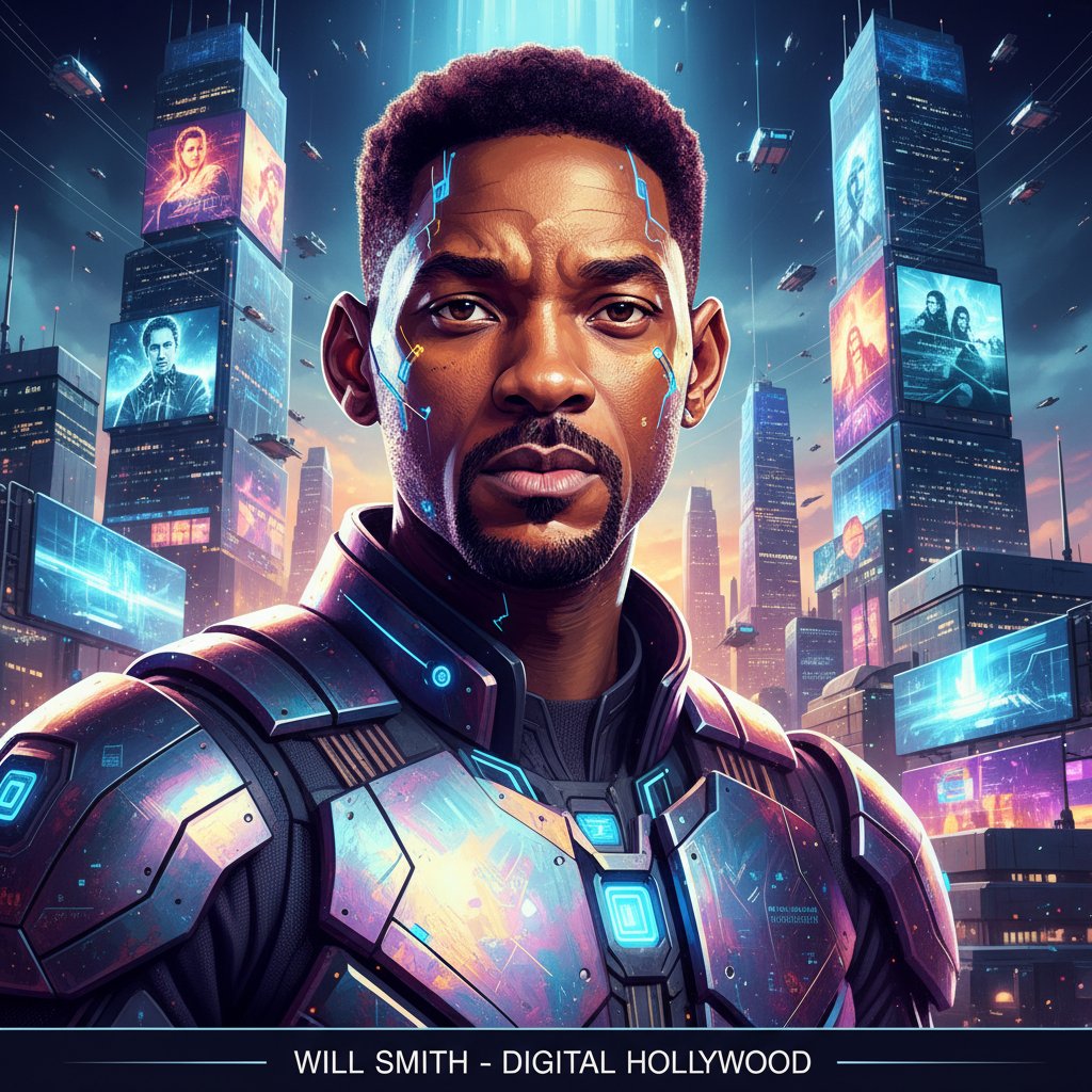 Futuristic portrait of Will Smith with digital/AI motifs; Alt: Will Smith imagined in future Hollywood, merging technology and tradition