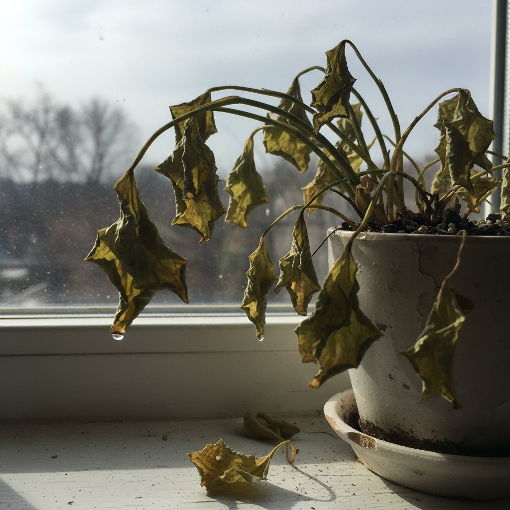 Zbliżenie na zwiędłą roślinę doniczkową na parapecie, smutna atmosfera