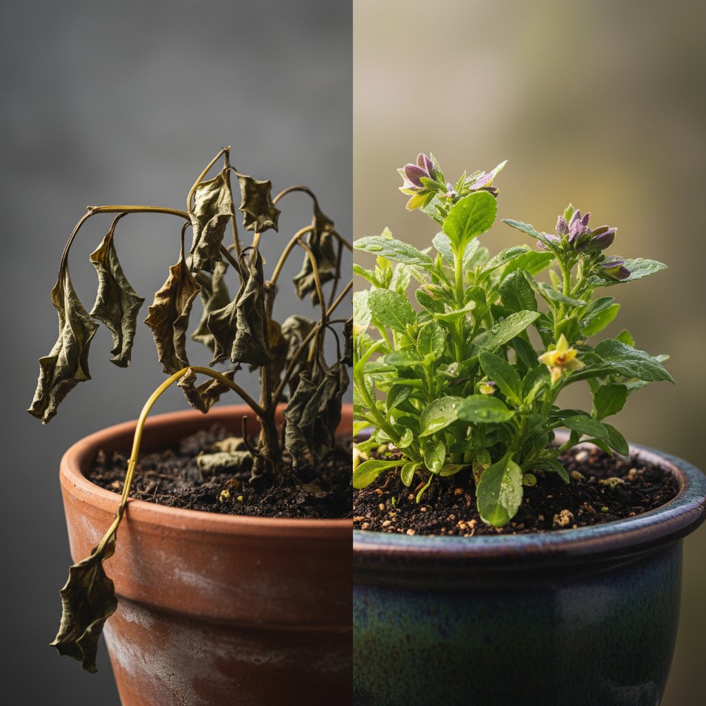 Zbliżenie na zwiędniętą i zdrową roślinę – dramatyczny kontrast, letnia pielęgnacja