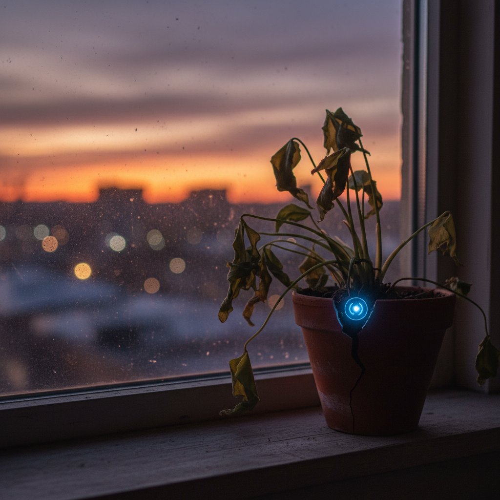 Roślina więdnąca na parapecie obok świecącego czujnika, wieczorny klimat