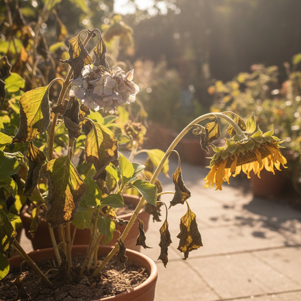Rośliny więdnące podczas fali upałów, widoczne skutki suszy i zmiany klimatu w ogrodzie