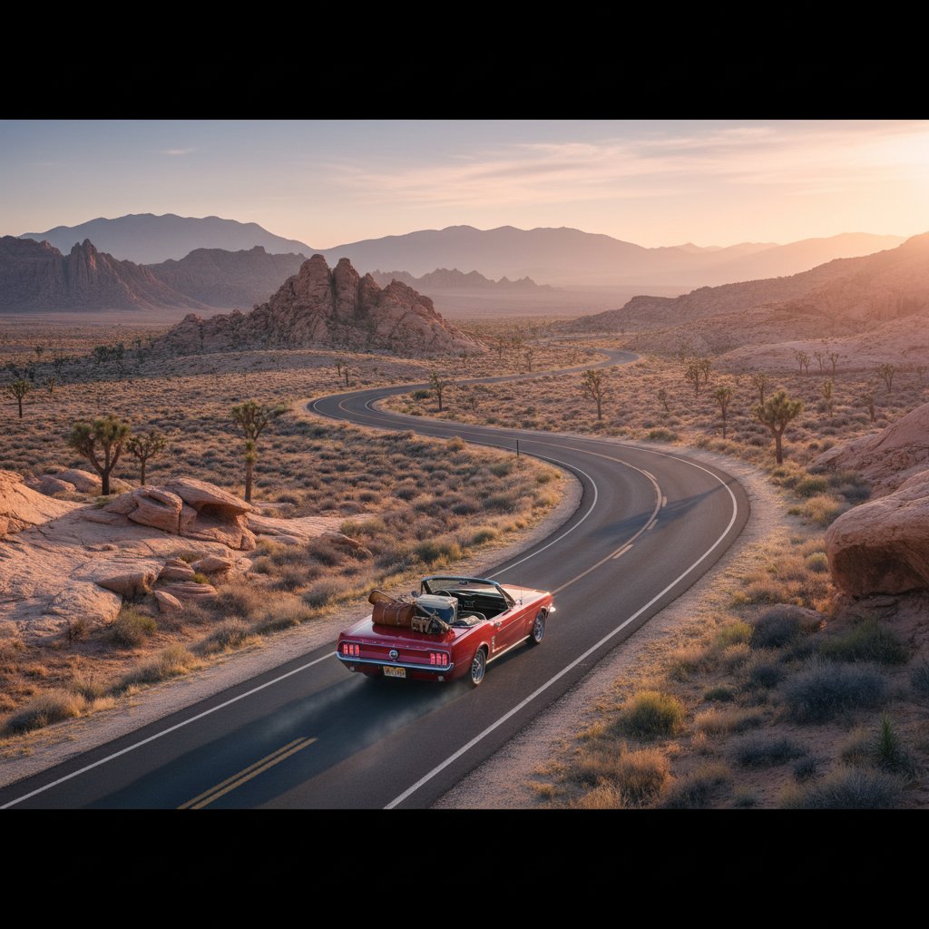 Cinematic overhead shot of a winding highway at sunrise, symbolizing endless possibility in road trip movies