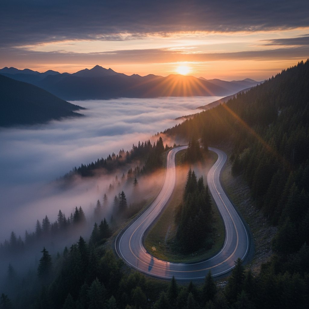 Kręta droga znikająca we mgle o świcie – metafora niepewności i możliwości zmiany stylu atrybucji