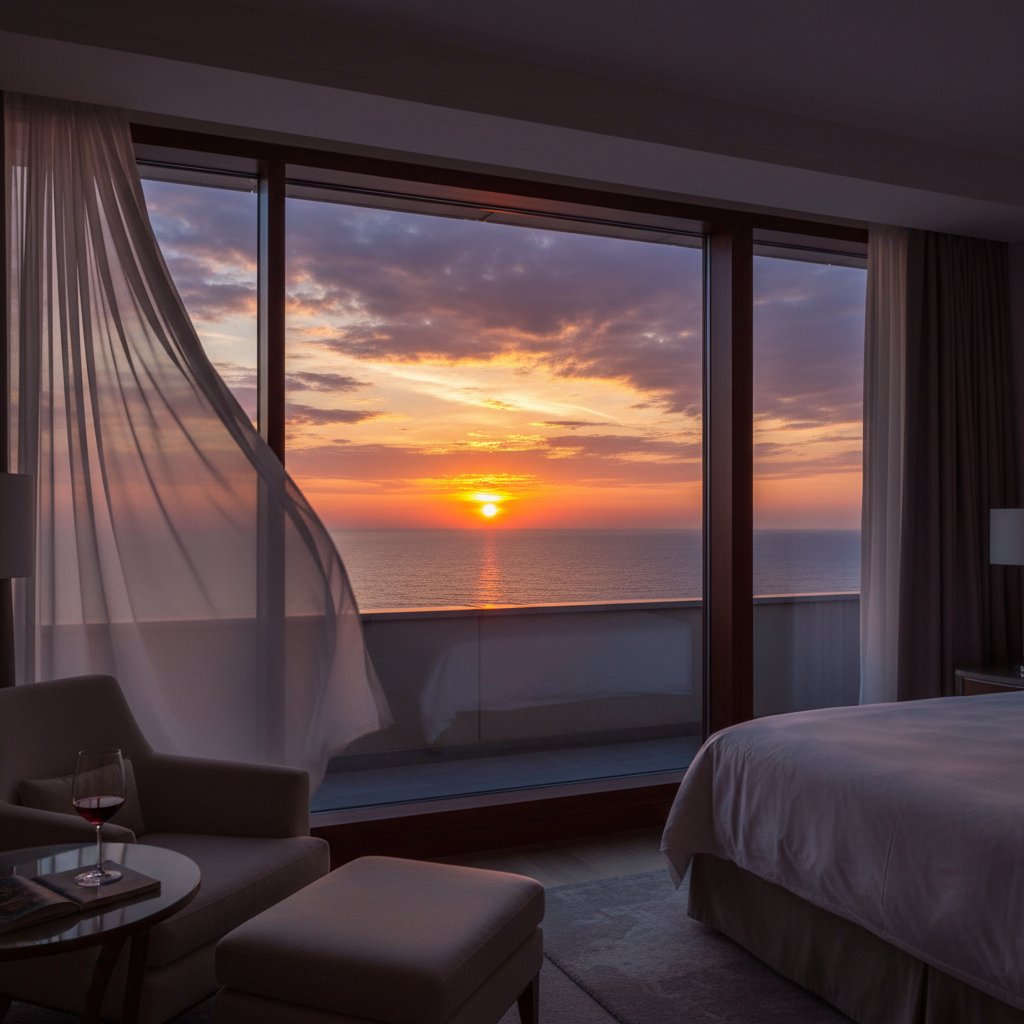 Ograniczony widok na morze z pokoju hotelowego w Sianożętach, hotel sianożęty, widok na morze, zachód słońca