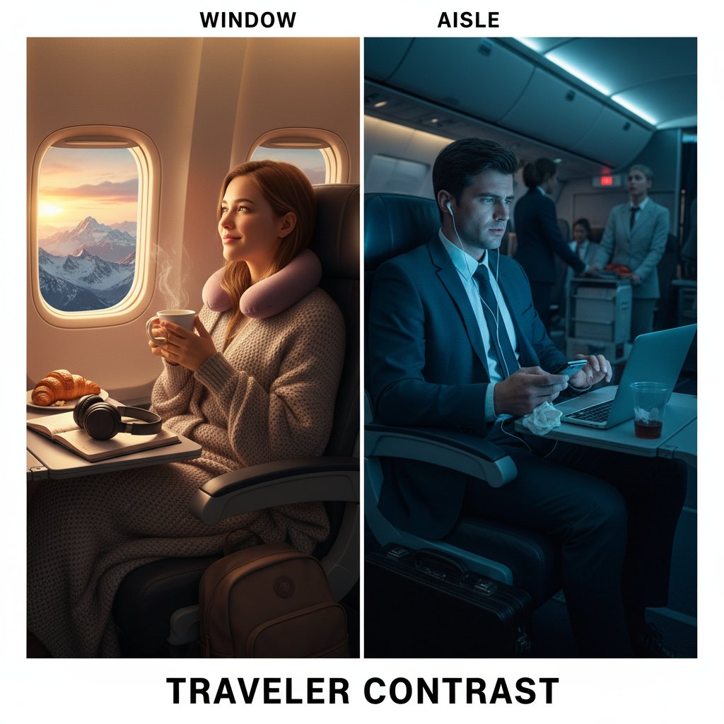 Two travelers, one in a window seat and one in an aisle seat, with contrasting moods and expressions, embodying the window seat flights debate