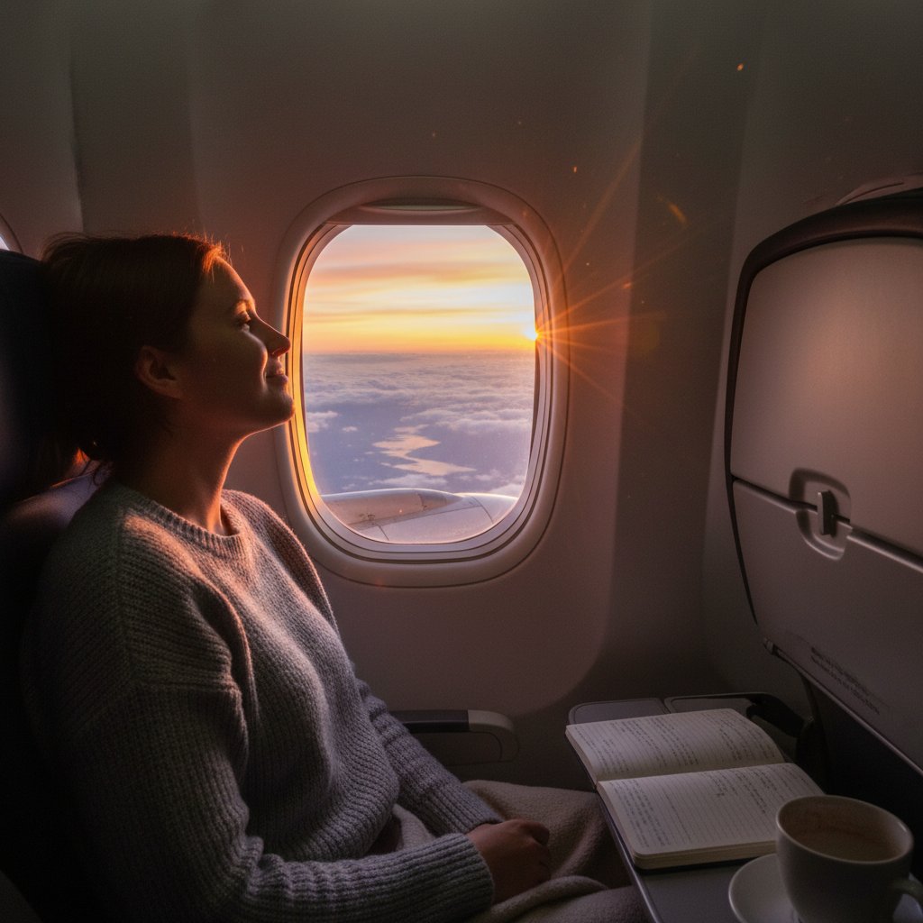 Cinematic sunrise illuminates traveler’s face in a window seat, highlighting the allure of window seat flights