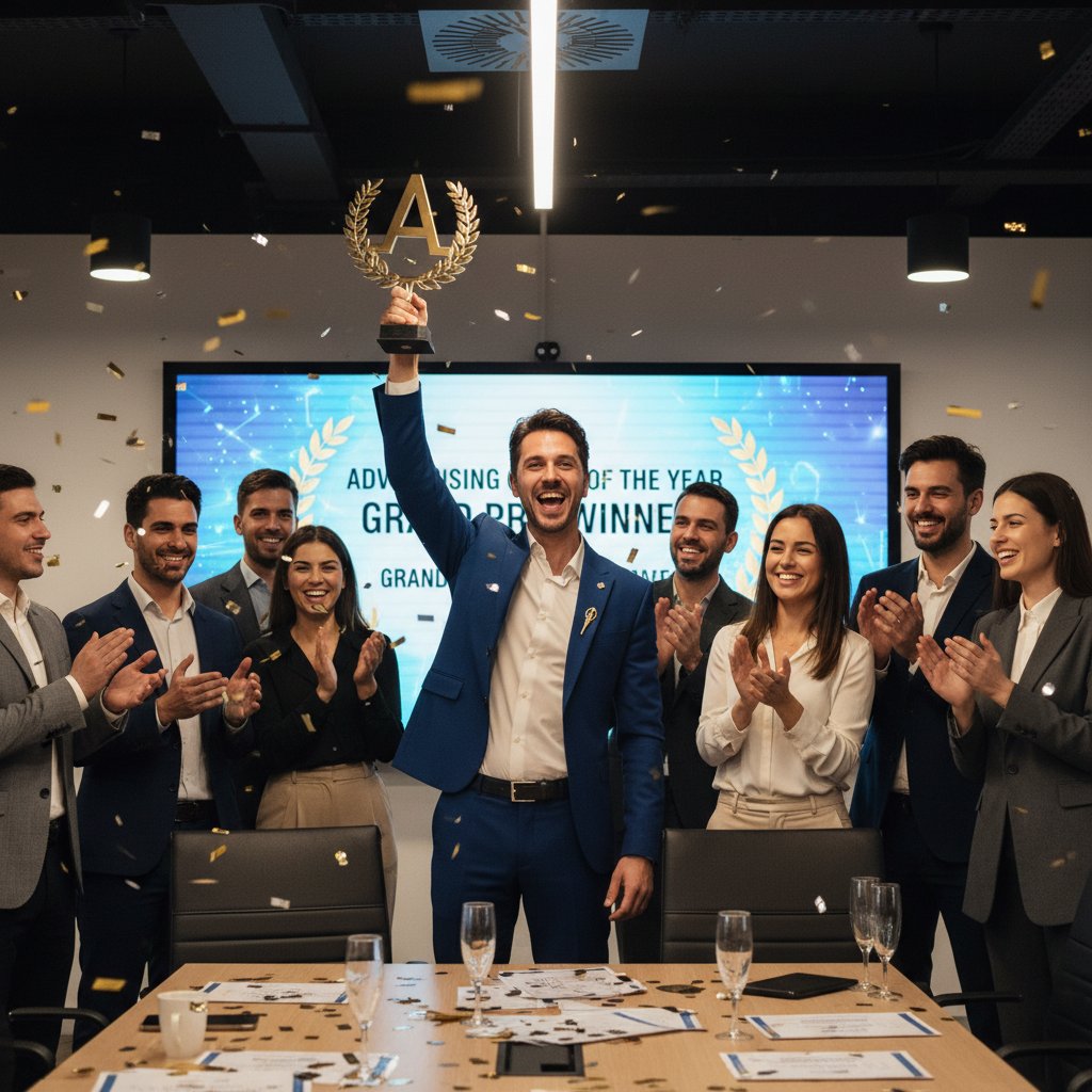 Zwycięski copywriter świętuje sukces kampanii reklamowej