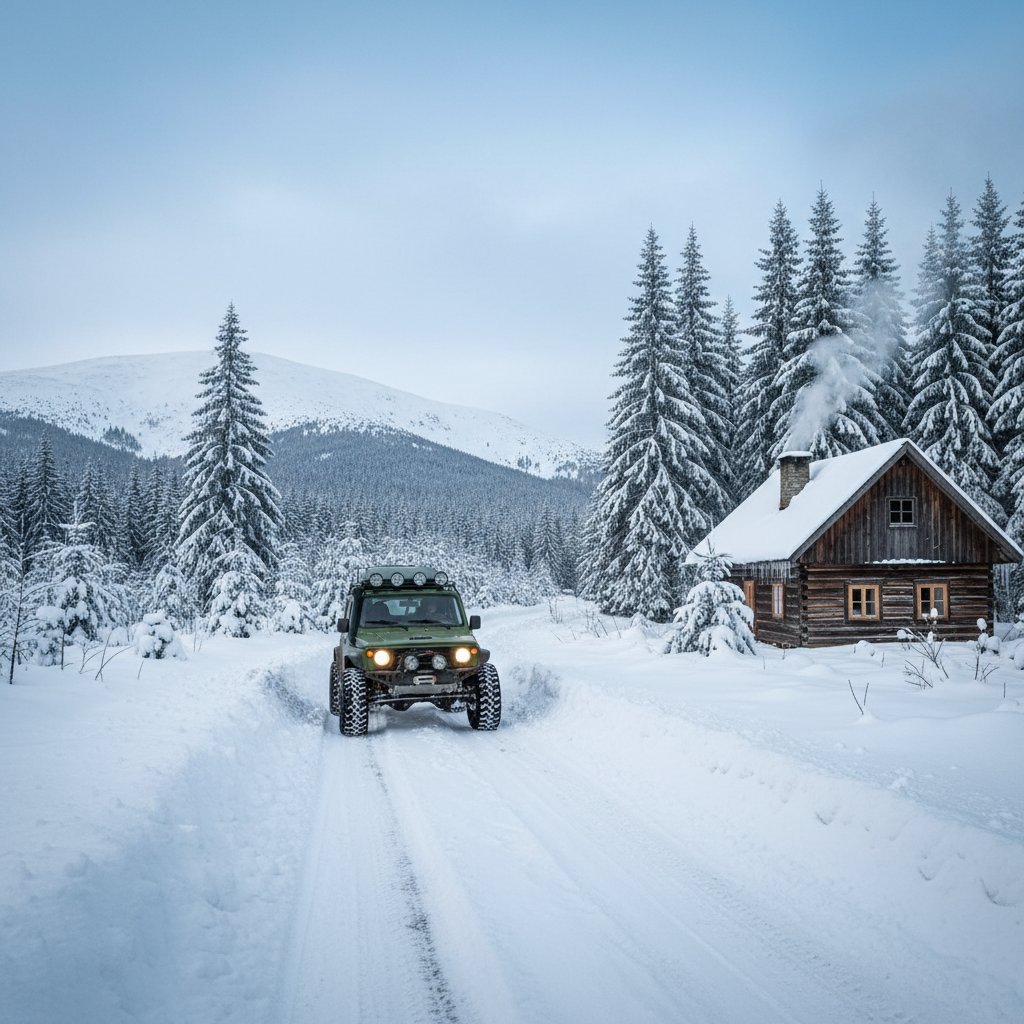 Zimowa droga do domku w Beskidach, zasypana śniegiem, auto terenowe