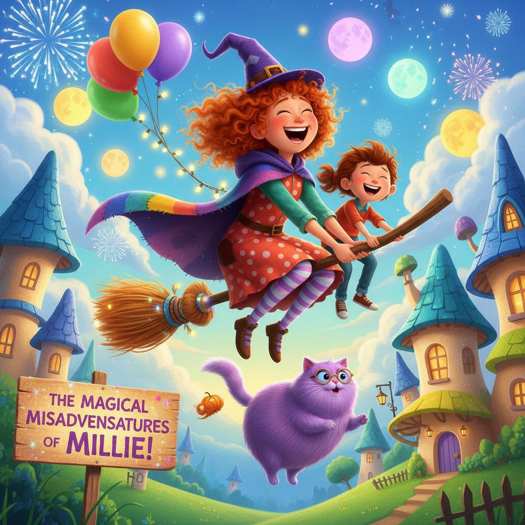 A vibrant, lighthearted scene from a modern witch comedy