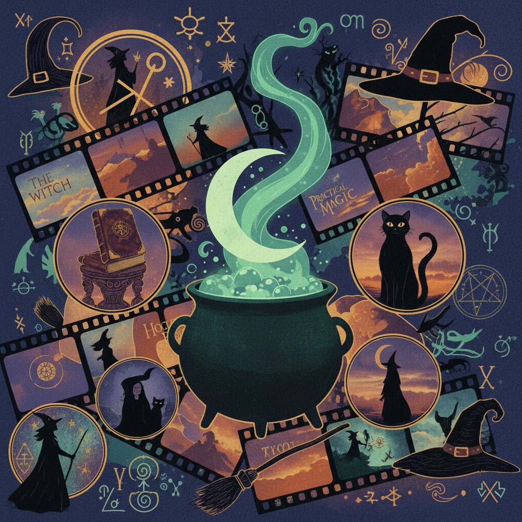 A collage of iconic symbols from classic and modern witch movies