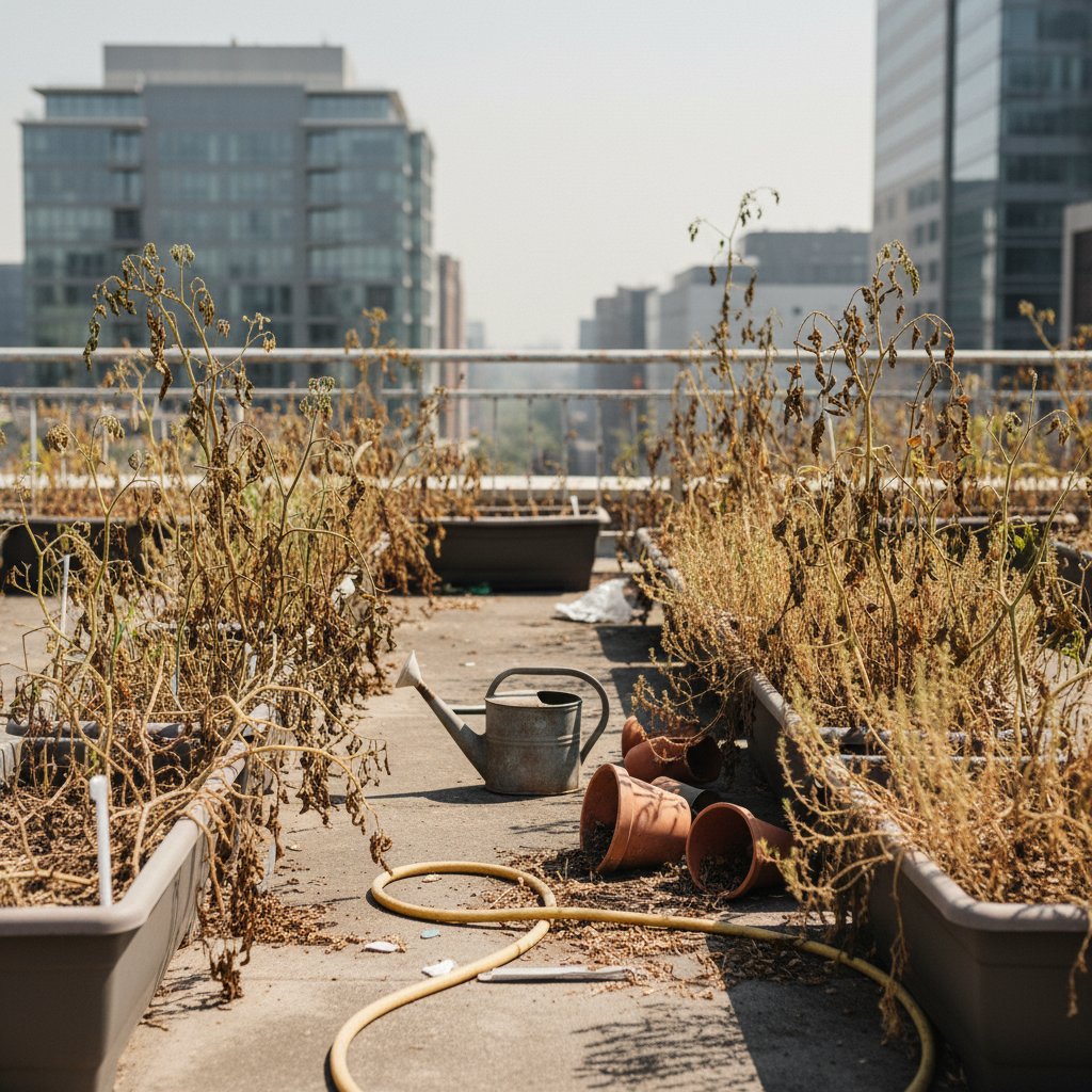 Zbliżenie na uschnięte rośliny w miejskim ogródku, z widocznym brakiem pielęgnacji