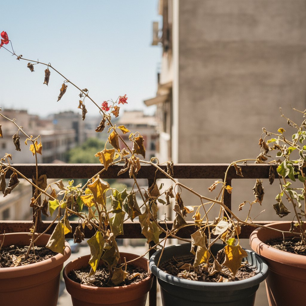 Zwiędnięte rośliny na balkonie po upalnym tygodniu