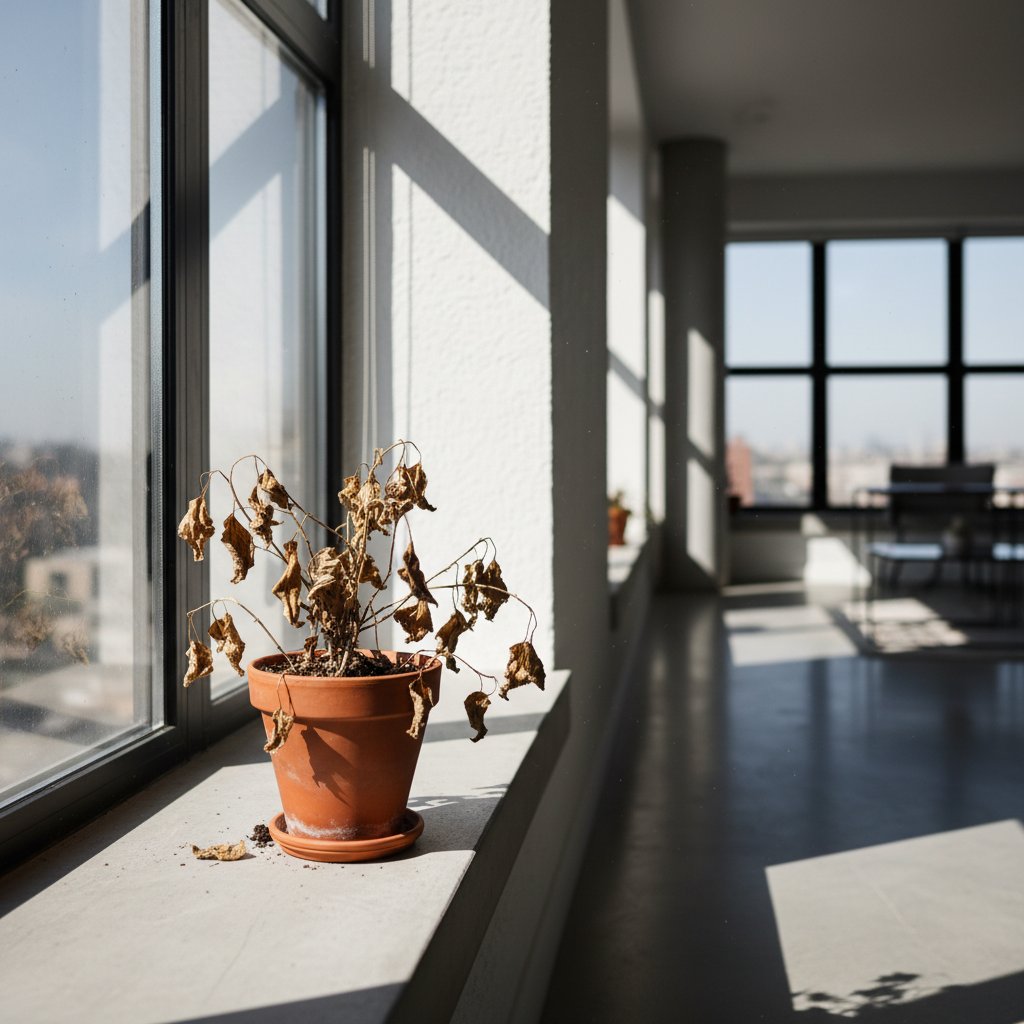 Zbliżenie na uschniętą roślinę doniczkową w nowoczesnym mieszkaniu, dramatyczne światło