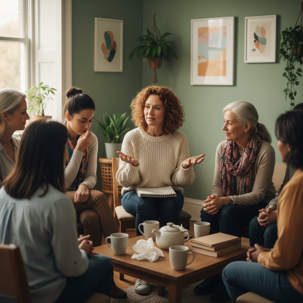 Zdjęcie przedstawiające kobietę podczas grupowej terapii uzależnień, wspierającą inne osoby