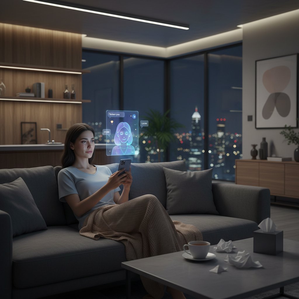 Nowoczesna kobieta korzystająca z aplikacji AI do wsparcia emocjonalnego wieczorem, nowoczesne wnętrze