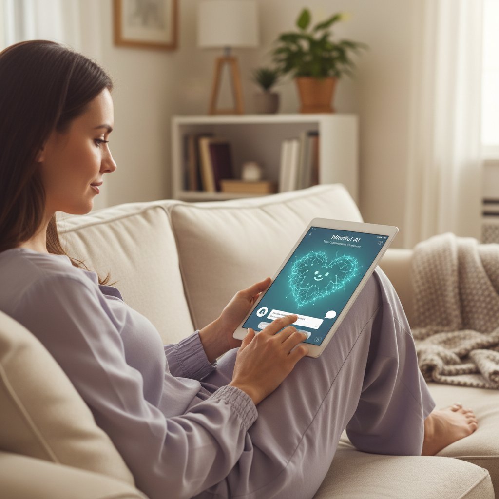 Zdjęcie przedstawiające kobietę korzystającą z aplikacji AI na smartfonie, nowoczesne wsparcie psychologiczne